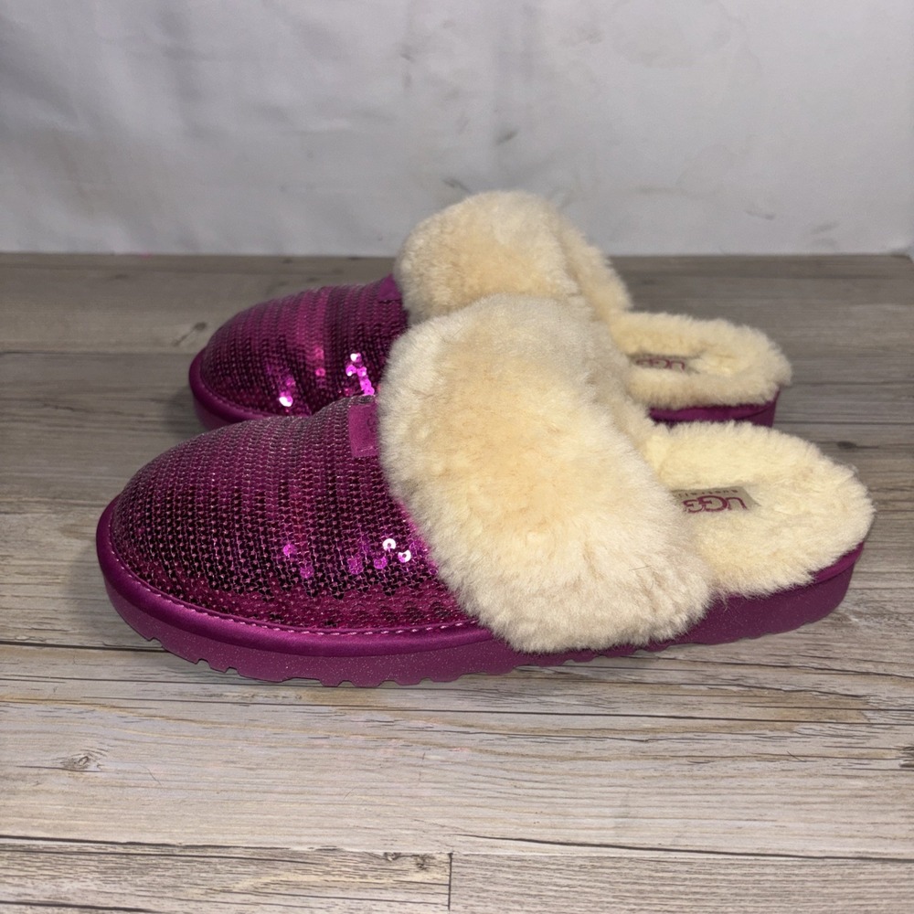 Women's 5 Ugg Taz Dazzle Pink Sequin Slipper Fuschia Ribbon Candy Pink Sparkle - Picture 4 of 9